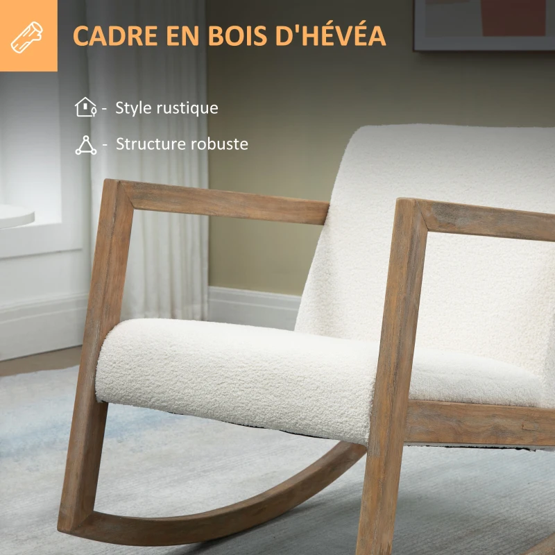 HOMCOM Fauteuil à bascule fauteuil allaitement rocking chair en tissu effet laine bouclée avec pieds en bois massif d'hévéa, chaise à bascule pour chambre, salon - 60 x 81 x 71 cm blanc crème