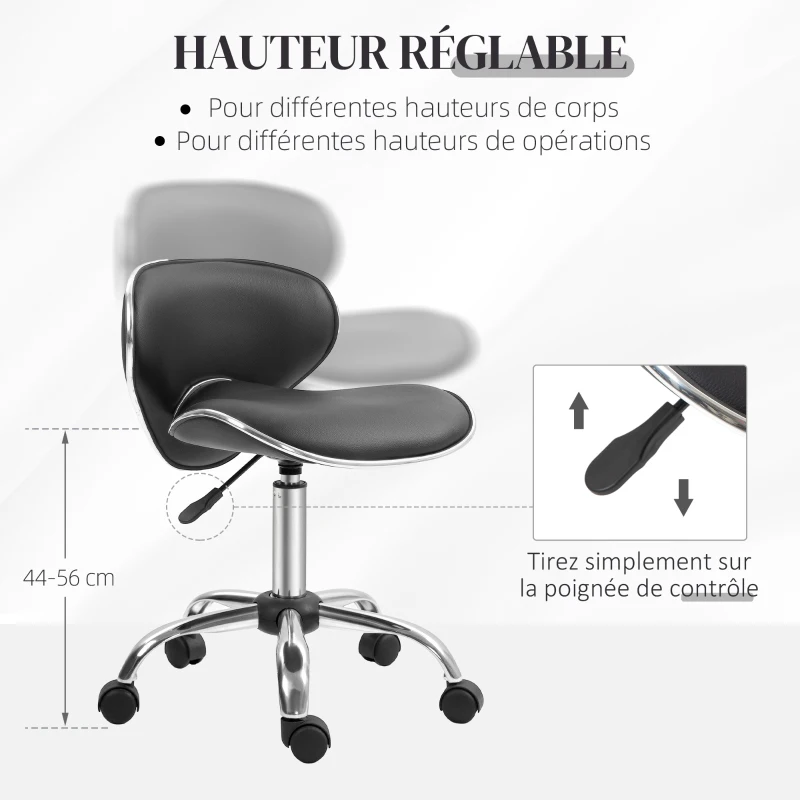 HOMCOM Tabouret à roulettes tabouret de travail avec hauteur réglable 44-56 cm et dossier, pivotant 360°, noir