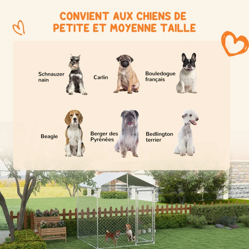 PawHut Chenil d'extérieur pour chiens - enclos parc 4m² avec auvent et porte verrouillable - Dim. 200L x 200l x 237H cm