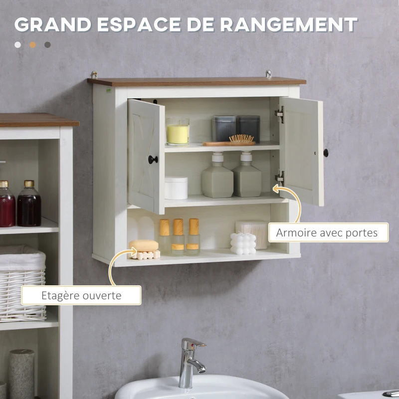 kleankin Armoire murale, armoire salle de bain avec placard à portess et compartiment ouvert, dim. 60 x 19,5 x 52,5 cm, blanc