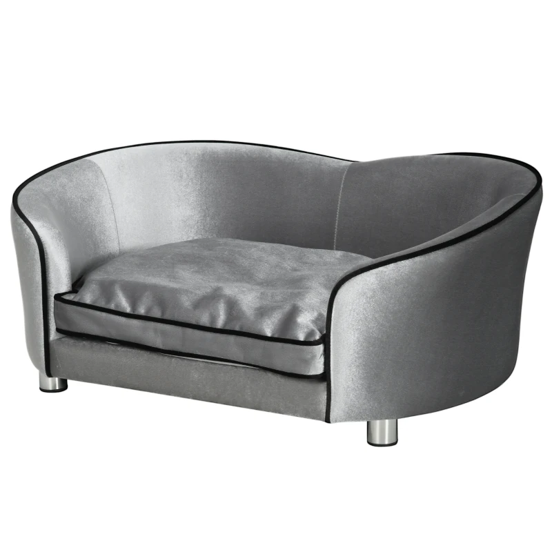 PawHut Dog Sofa Pet Chair, Kitten Bed Couch w/ Wooden Frame, Removable Cushion - Silver-Tone and Grey