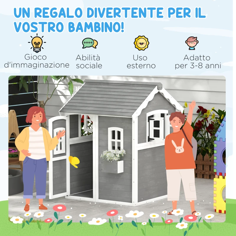 Outsunny Casetta per Bambini 3-8 Anni con 6 Finestre e Fioriera, in Legno di Abete, 104.5x110x137 cm, Grigia
