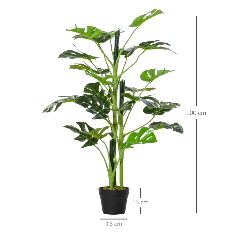 Outsunny 100cm/3.3FT Artificial Monstera Tree Decorative Cheese Plant 21 Leaves with Nursery Pot, Fake Tropical Palm Tree for Indoor Décor