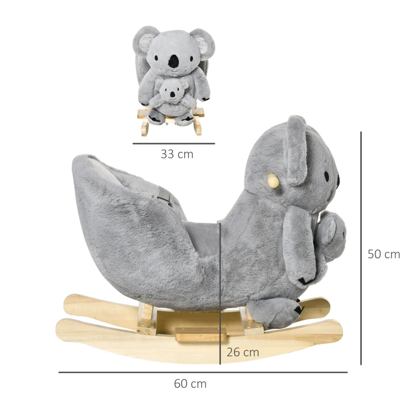 HOMCOM Jouet à Bascule Koala avec marionnette - Effet sonore Rugissement - Fauteuil intégré, Ceinture de sécurité - pour 18-36 mois - Bois peuplier Peluche Courte Polyester Gris