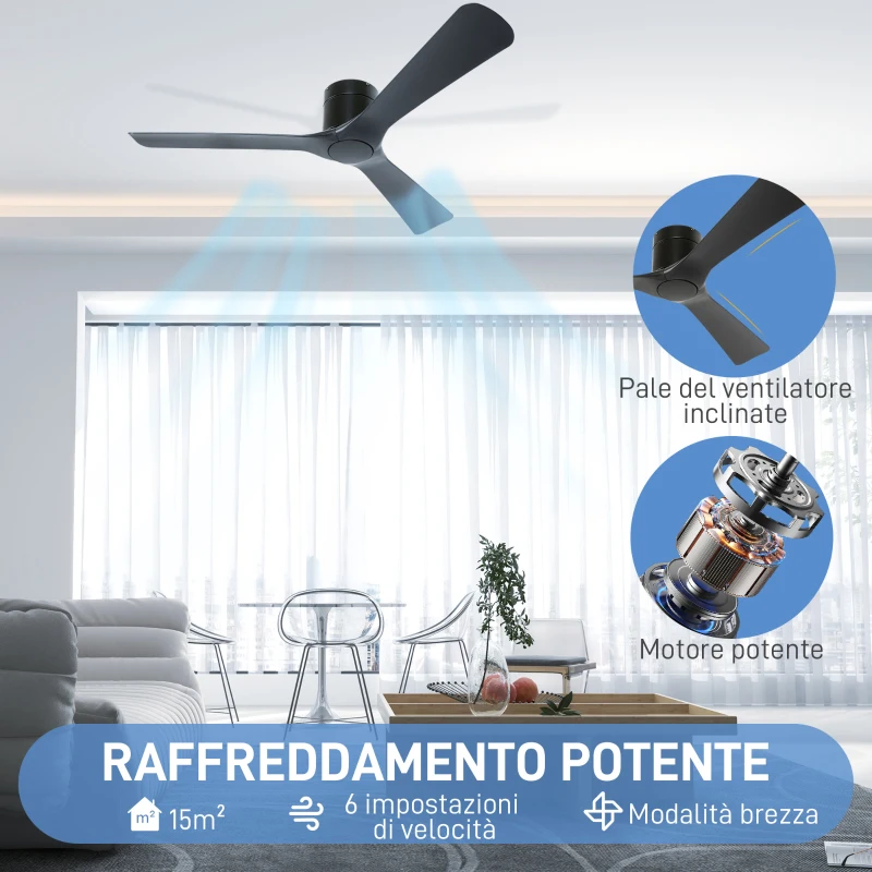HOMCOM Ventilatore da Soffitto Reversibile a 3 Pale con 6 Velocità, Timer fino 8 Ore e Telecomando, Nero