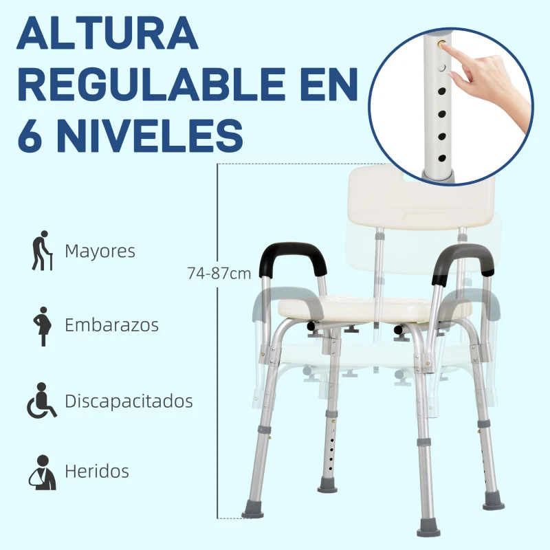 HOMCOM Silla de Ducha para Personas Mayores con Respaldo Altura Regulable Antideslizante y Apoyabrazos Carga 136 kg