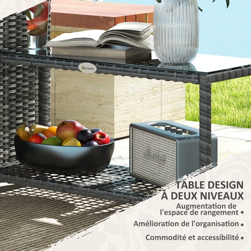 Outsunny Table d'appoint de jardin table basse rectangulaire en résine tressée plateau verre trempé dim. 80L x 30l x 40H cm gris