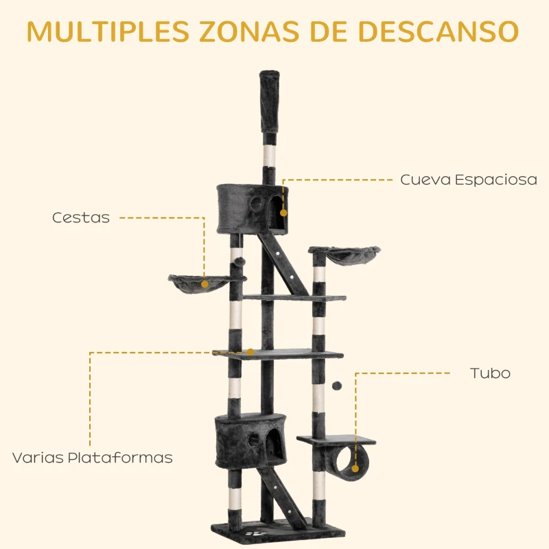 PawHut Árbol para Gatos de Suelo a Techo de 240-260 cm con Altura Ajustable Múltiples Plataformas Cuevas Cestos y Rampas Gris
