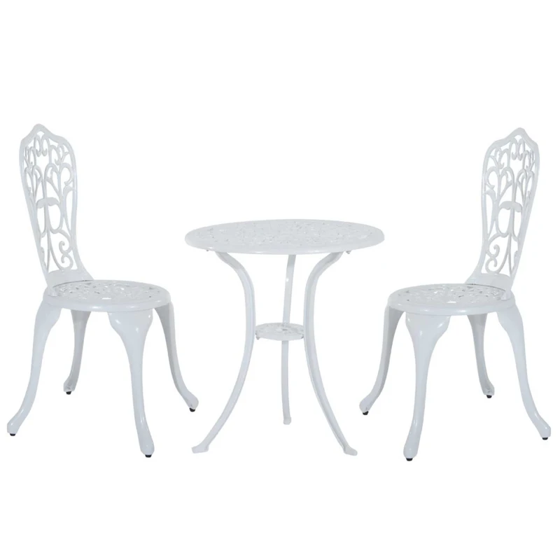 Outsunny 3 Pieces Antique Garden Bistro Set for 2, Cast Aluminium Garden Furniture Set with Umbrella Hole, White