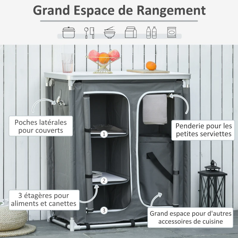 Outsunny Cuisine de camping - meuble camping - armoire de camping - plan de travail, nombreux rangements, sac transport inclus - armature alu. Oxford gris