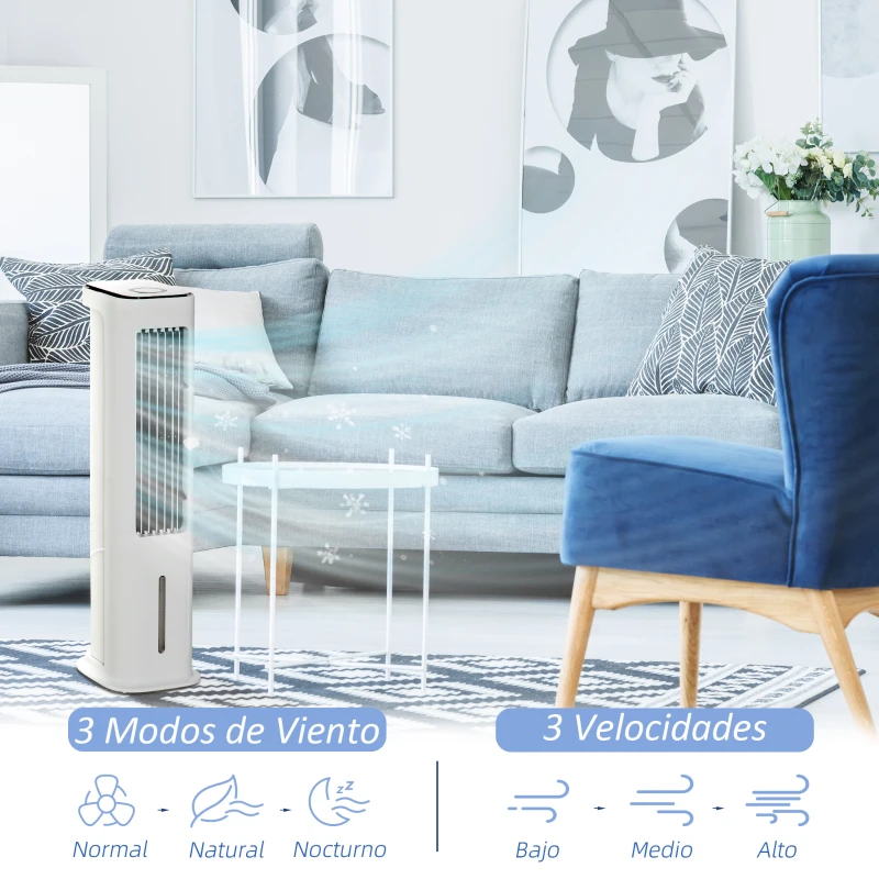 HOMCOM Climatizador Evaporativo Bajo Consumo 75W Altura 86 cm Oscilante con Control Remoto Depósito 5L 3 Modos 3 Velocidades Temporizador 12h y Pantalla LED Táctil 23x29x86 cm Blanco