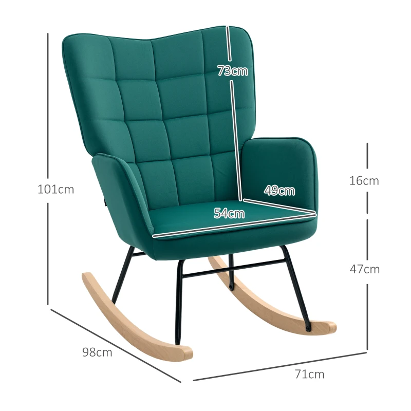 HOMCOM Fauteuil à bascule rocking chair revêtement en velous structure en acier 71 x 98 x 101 cm Vert