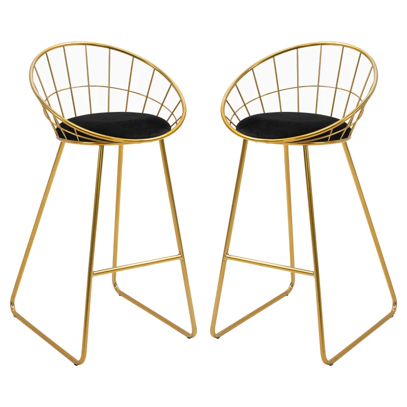 HOMCOM Lot de 2 Tabourets de Bar Design Chaise Haute pour Bar Bistro avec Repose-Pied Structure métal et Coussin Velours 52,5 x 47 x 97 cm Noir et doré
