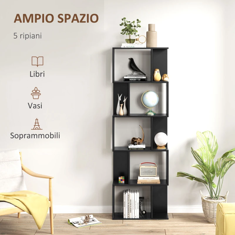HOMCOM Mobile Libreria in Legno a 5 Ripiani Design Moderno in Legno, 60x24x184.5 cm, Nero