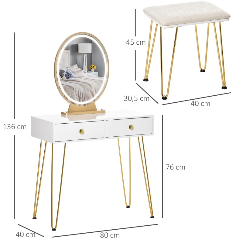 HOMCOM Coiffeuse Table de maquillage moderne - Miroir LED réglable intégré - Tabouret Inclus - pied en métal doré - 2 tiroirs + 1 Organisateur Blanc