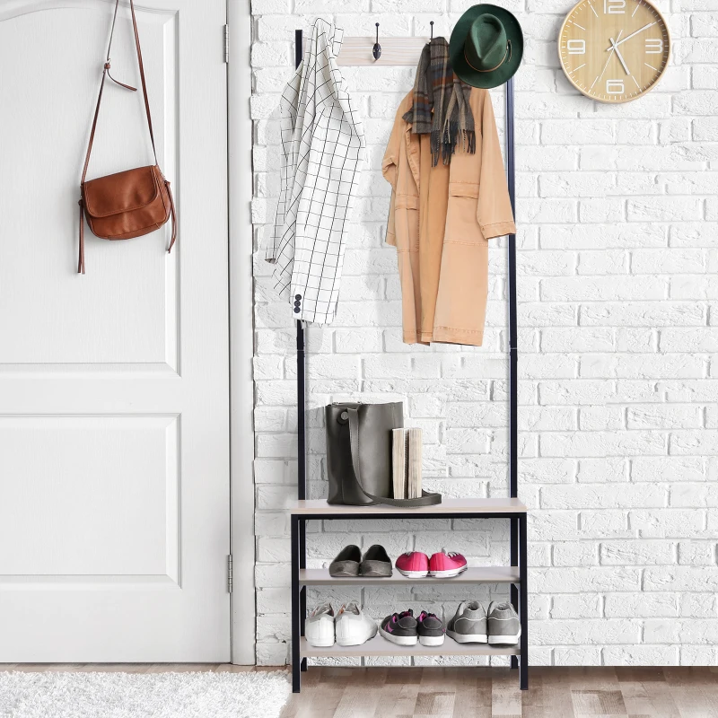 HOMCOM 4 Hooks Wooden Garment Rack Freestanding Coat Rail Storage Shelves Metal Tidy Shoes Clothes Stand Entryway Furniture - 60L x 40W x 175H (cm)