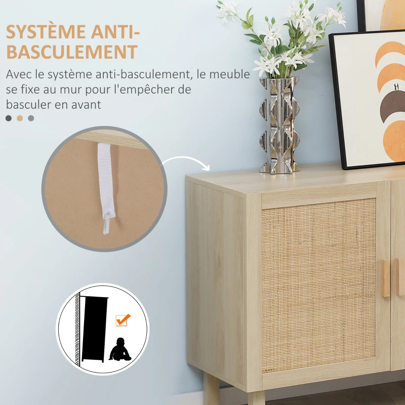 HOMCOM Buffet Meuble de Rangement Placard 3 Portes avec étagère réglable Effet cannage Style bohème - 136 x 41 x 70 cm