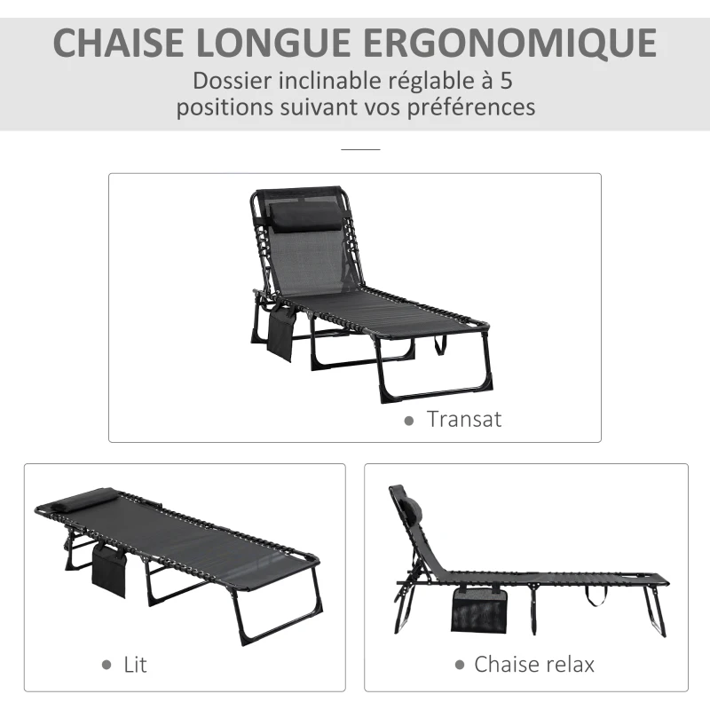 Outsunny Chaise longue pliable bain de soleil transat de relaxation dossier inclinable 5 niveaux têtière amovible pochette latérale intégrée revêtement textilène acier dim. 189 x 58 x 30 cm noir