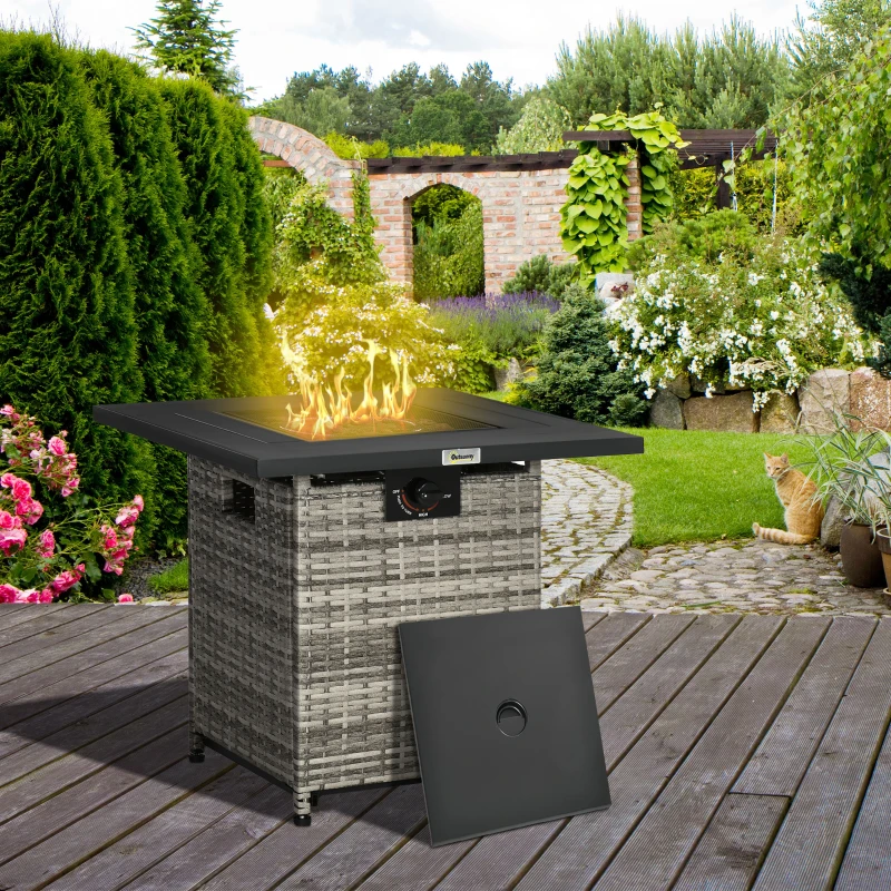 Outsunny Outdoor PE Rattan Gas Fire Pit Table, Patio Square Propane Heater with Rain Cover, Mesh Lid and Lava Stone, 40,000 BTU, Mixed Grey