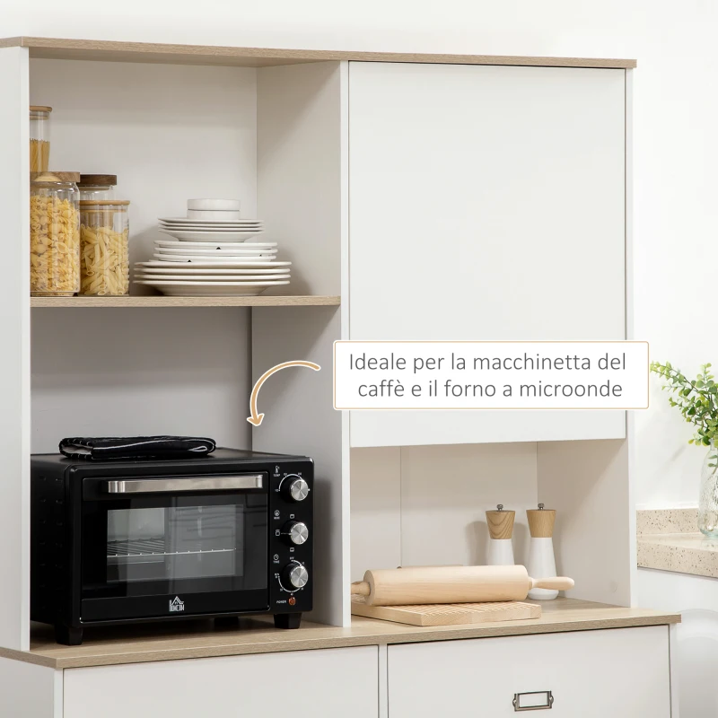 HOMCOM Dispensa Cucina in Truciolato e MDF con Ripiani Aperti, Armadietti e Cassetto, 119x41x180 cm, Bianco