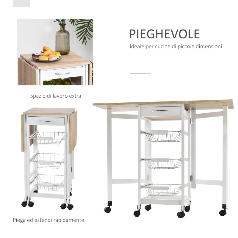 HOMCOM Carrello Portavivande Pieghevole a 6 Ruote con 3 Cestini, Cassetto e 2 Ribalte, Carrellino per Cucina in MDF e Metallo, 37x37x77.5 cm, Bianco e Legno