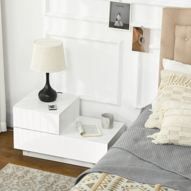 HOMCOM Comodino Moderno con 16 Luci LED RGB, Telecomando e Due Cassetti in Truciolato, 70x37x38cm, Bianco