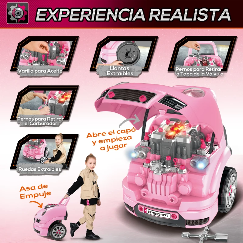 HOMCOM Juego Infantil de Motor con Herramientas 61 Piezas Volante Bocina Faros Caja de Almacenaje y Ruedas 40x39x47 cm Rosa