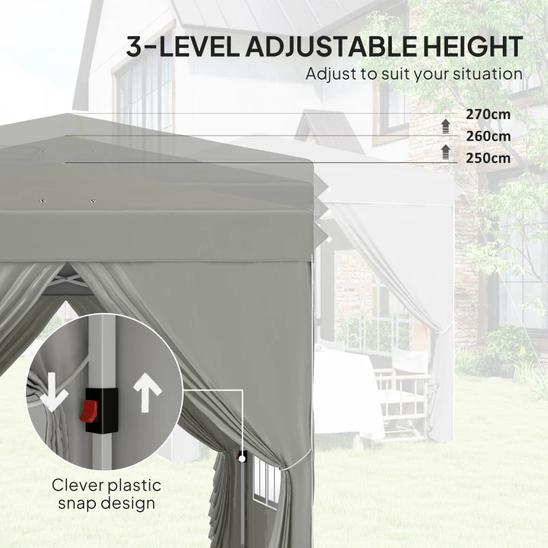 Outsunny Gazebo da Giardino Pop Up con 2 Finestre e Gambe Regolabili, in Metallo e tessuto Oxford, 248x248x270 cm, Grigio