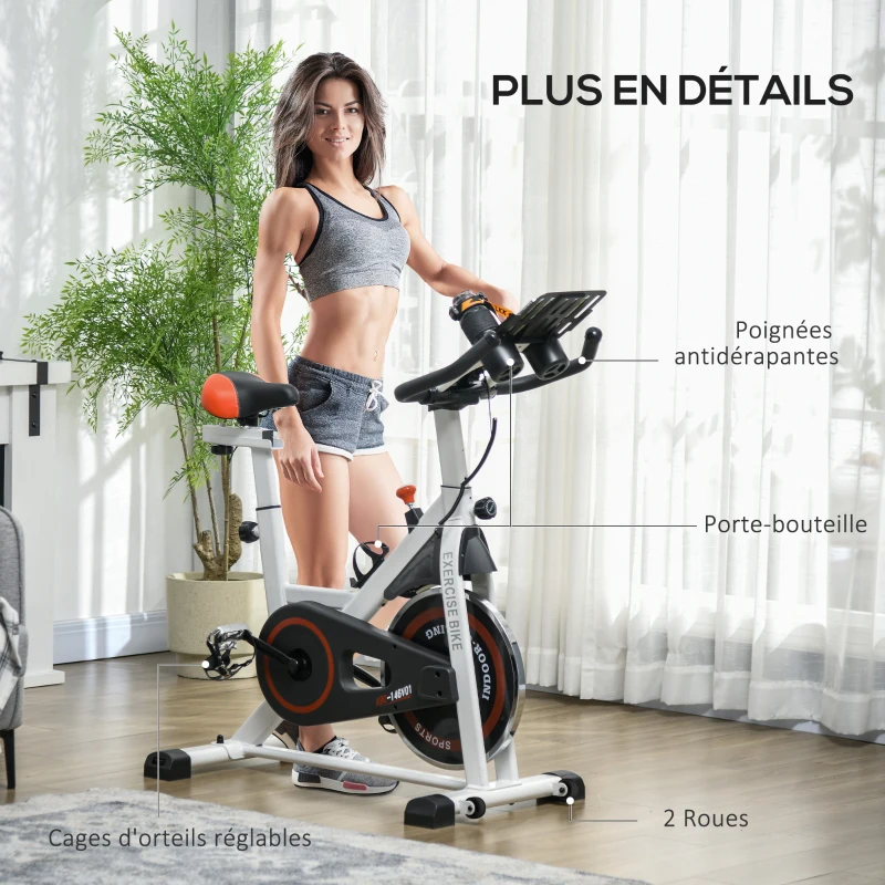 HOMCOM Vélo d'appartement avec écran LCD multifonctions vélo biking cardio-training selle et guidon réglables poids volant inertie 8 Kg acier blanc(m-8)