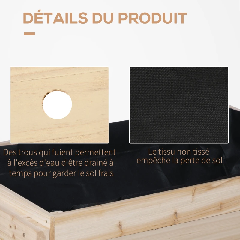 Outsunny Jardinière sur Pieds Potager dim. 108,5L x 60l x 80H cm Inserts d'irrigation + Feutre de Drainage Inclus Bois Sapin