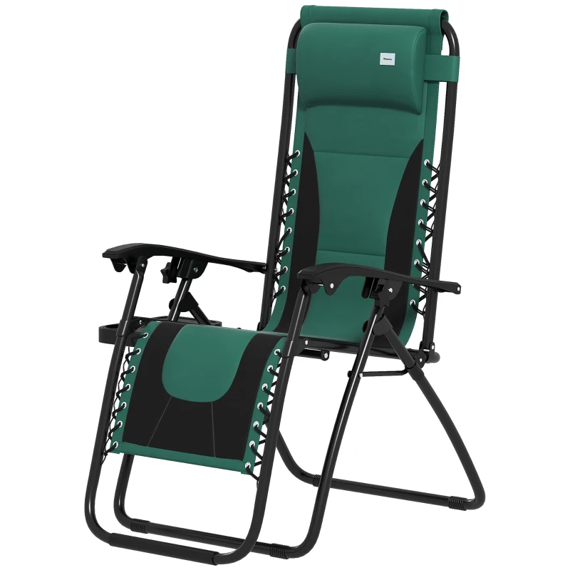Outsunny Zero Gravity Lounger Chair, Folding Reclining Patio Chair with Padded Seat, Cup Holder, Soft Cushion and Headrest for Poolside, Camping, Green