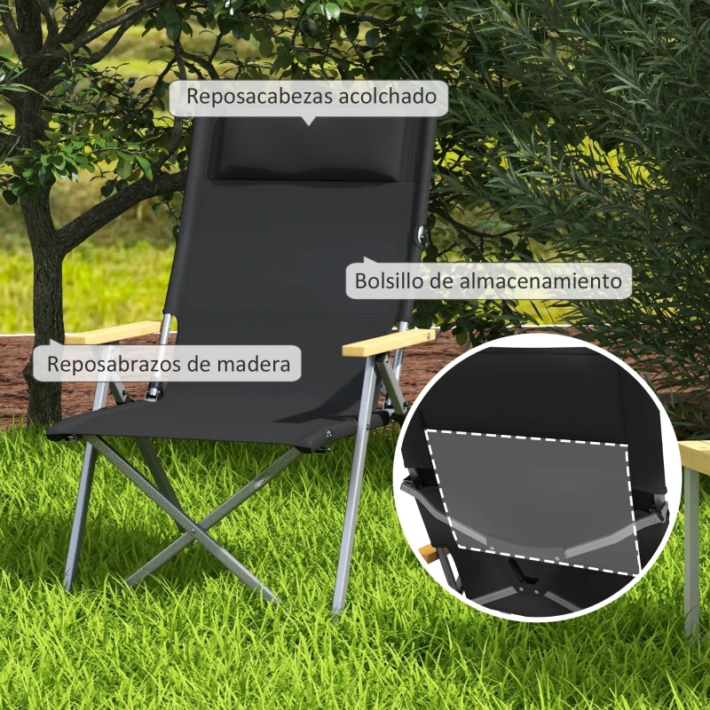 Outsunny Silla de Camping Plegable de Aluminio Respaldo Ajustable Reposabrazos de Madera Bolsa de Transporte 74x59,5x98 cm Negro