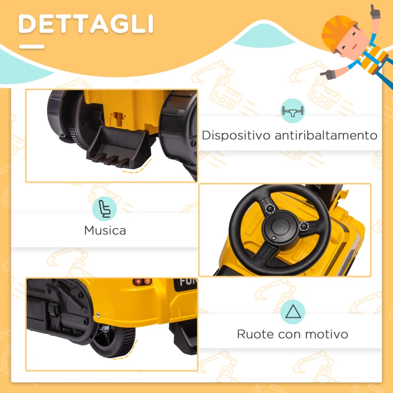 HOMCOM Ruspa Giocattolo 3 in 1 con Volante e Benna di Scavo, 100x43x48.5 cm, Giallo e Nero