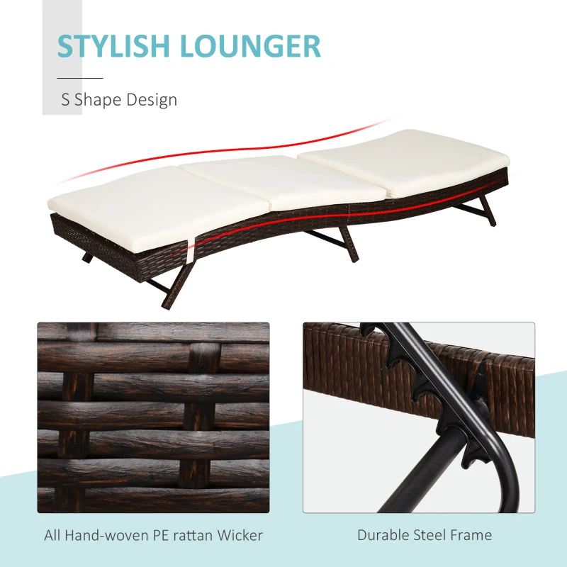 Outsunny Lettino a Sdraio da Giardino in Rattan Arredo Esterno Prendisole Regolabile con Cuscino Caffè Scuro 200 x 71 x 89cm