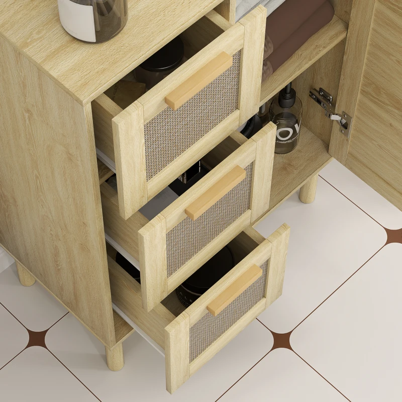 HOMCOM Armoire meuble de rangement style bohème avec 3 tiroirs et 3 étagères, façade rotin tissé, compact, 55 x 30 x 82 cm