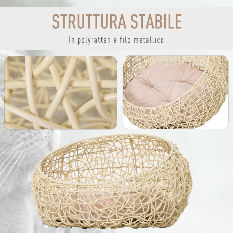 PawHut Cuccia per Gatti e Animali Domestici, Cesta in Rattan Beige con Cuscino in Cotone (Ф56 x 35 A cm)