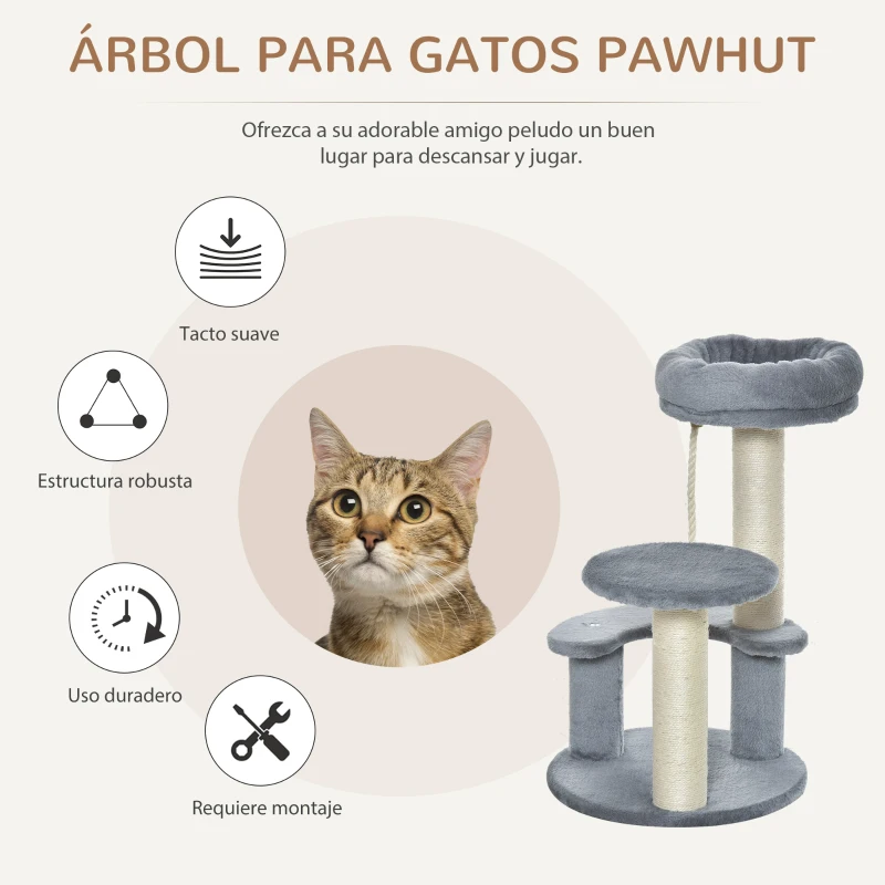 PawHut Árbol Rascador para Gato Ø40x65 cm con 3 niveles y Cuerda Colgante Plataformas y Postes con Cuerda de Sisal Natural Gris