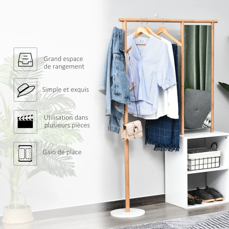 HOMCOM Porte-manteaux meuble d'entrée vestiaire penderie avec miroir 4 patères 2 niches dim. 100L x 34l x 164H cm MDF blanc bois massif bambou