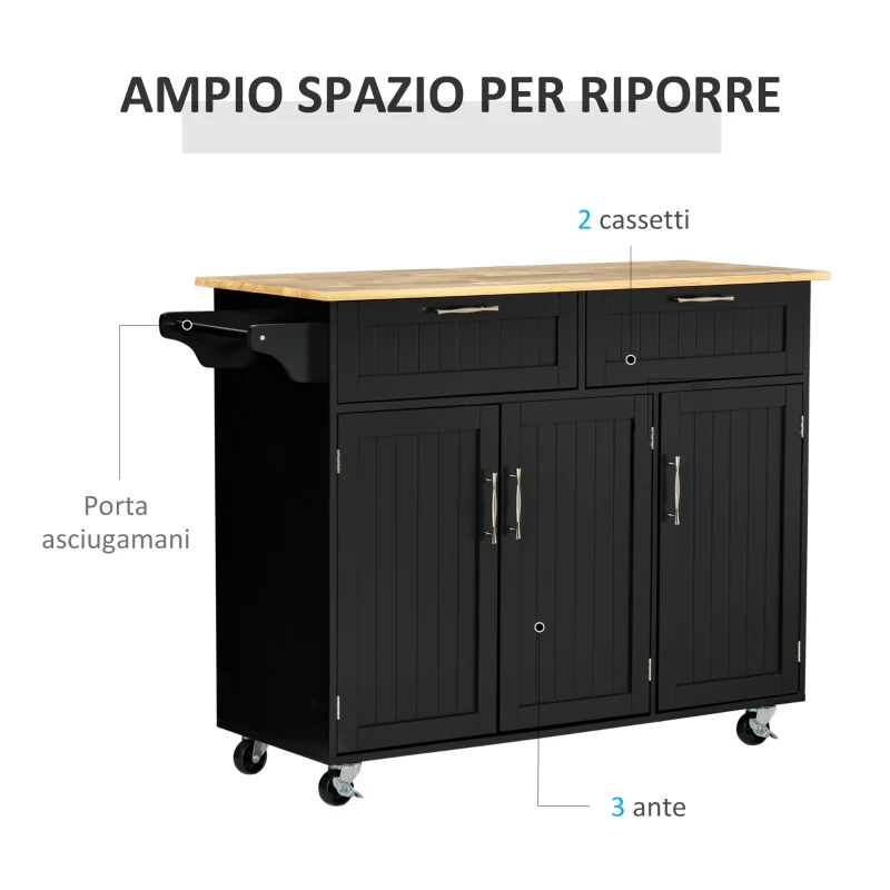 HOMCOM Carrello da Cucina in Legno con 2 Cassetti, Armadietto 3 Ante e 4 Ruote, 121x46x91cm, Nero