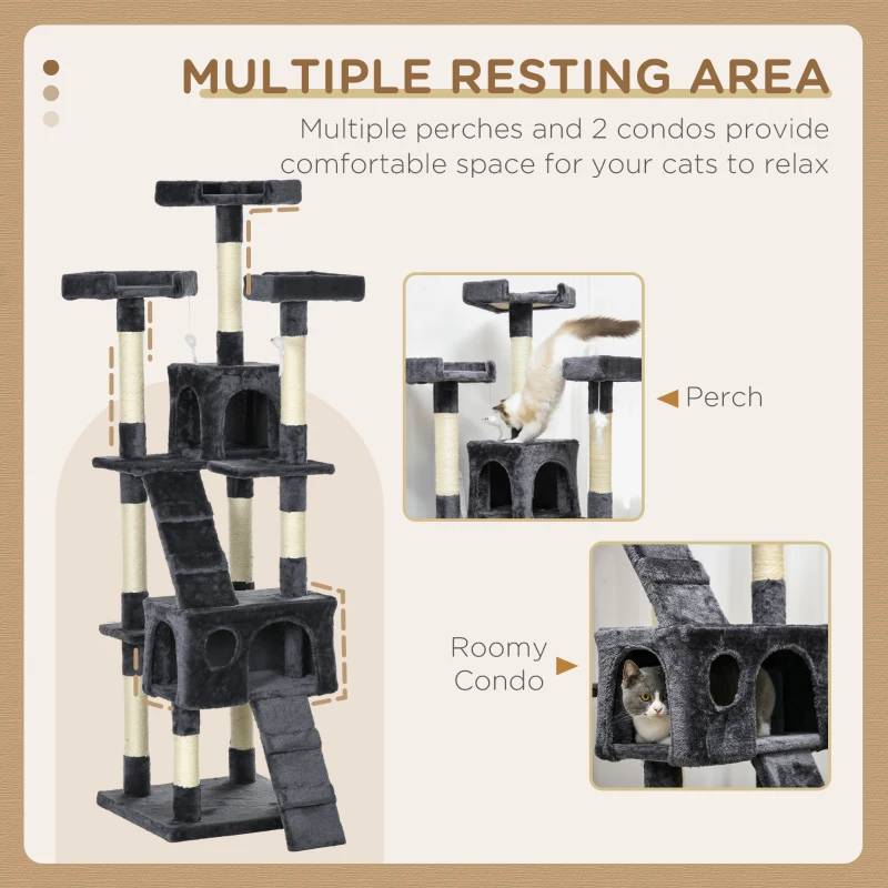 PawHut 173cm Cat Tree Scratching House, Activity Play Centre, Charcoal Grey