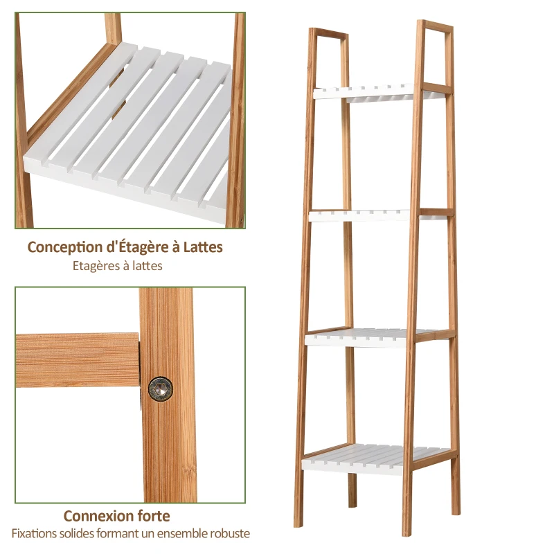 HOMCOM Etagère en Bambou de Salle de Bain 4 Niveaux à Lattes dim. 35L x 36l x 138H cm Bois pin Blanc