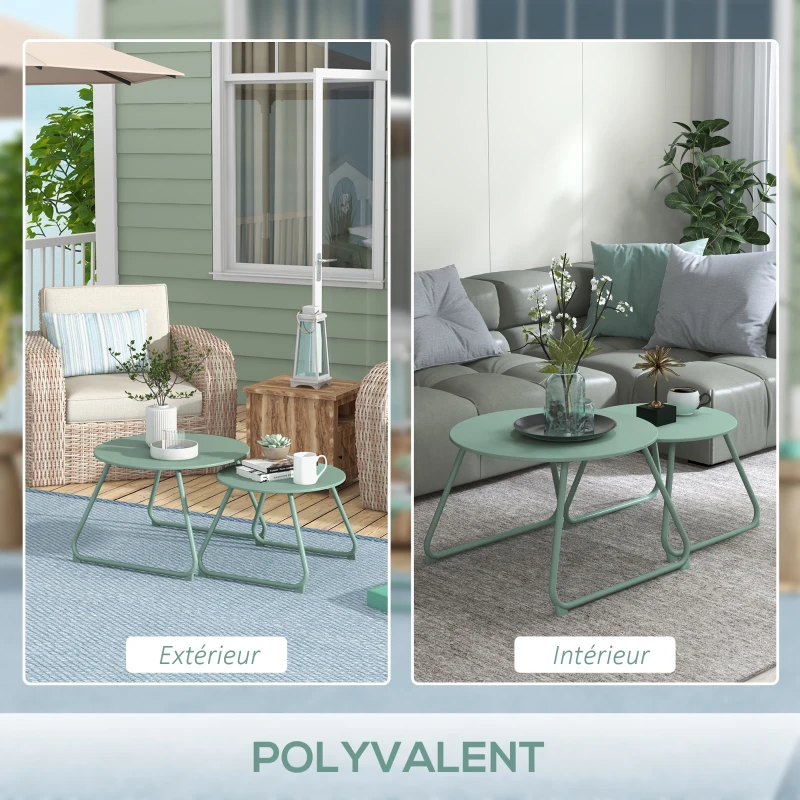 Outsunny Lot de 2 tables basses rondes gigognes empilables de Jardin métal époxy, Table d'Appoint Stable pour extérieur, vert