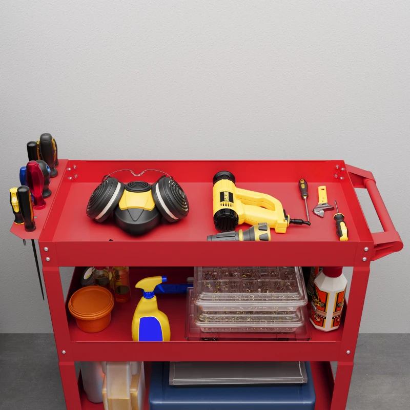 DURHAND Carro de Taller de Acero con 3 Estantes de Almacenamiento y Asa Lateral Carga 150 kg 83x35,3x76 cm Rojo