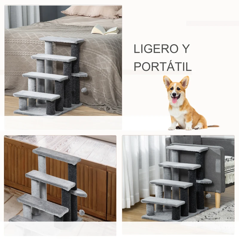 PawHut Escalera para Gatos con 4 Niveles Plataforma Poste Rascador y Bola Colgante de Juguete 60x40x64 cm Gris