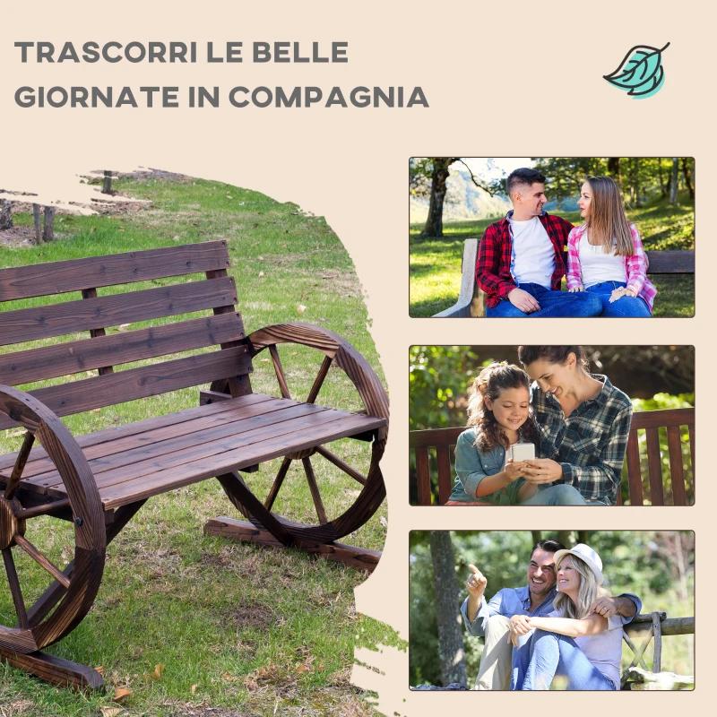 Outsunny Panchina da Esterno a 2 Posti , Panchina da Giardino Stile Country con Braccioli a Ruota in Legno, 105.5x59x75cm Marrone