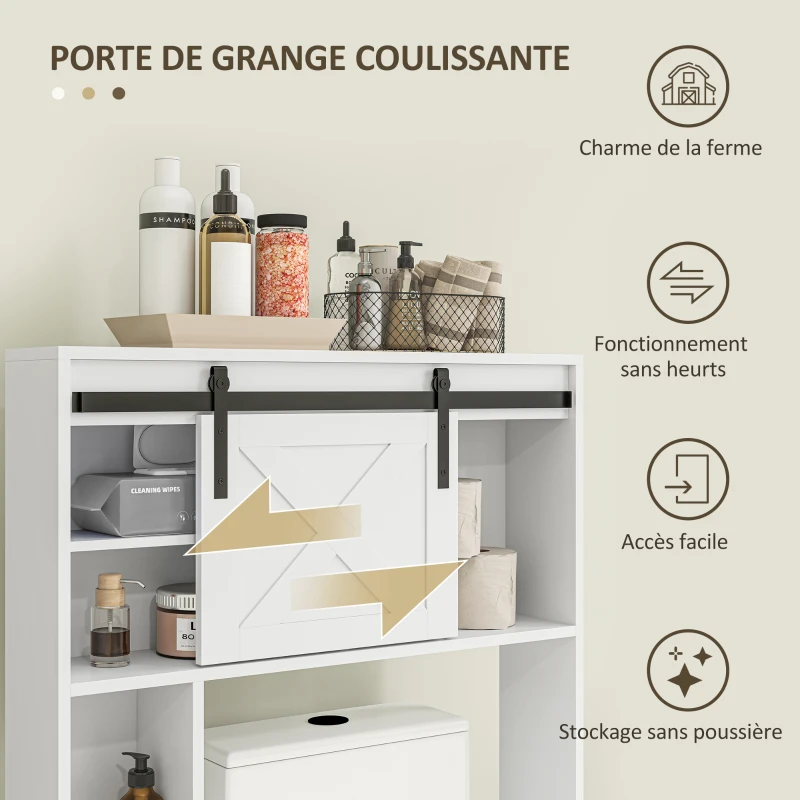 HOMCOM Meuble de rangement au-dessus des toilettes avec porte coulissante, Meuble étagère dessus WC, étagère réglable, blanc