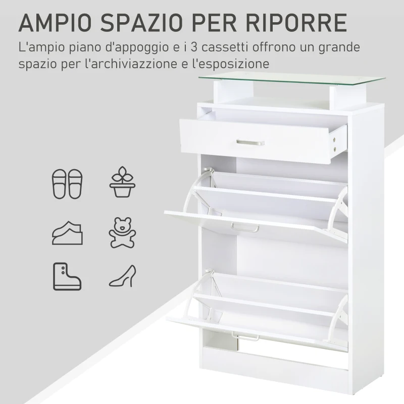 HOMCOM Mobile Scarpiera in Legno con 2 Ante a 2 Livelli, Cassetto e Ripiano in Vetro 60x24x105.5 cm, Bianco