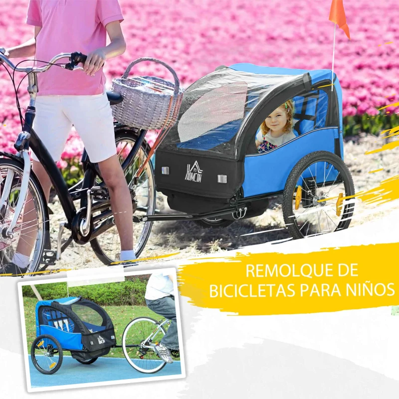 HOMCOM Remolque de Bicicleta para Niños +18 Meses con Cinturón de Seguridad Sistema de Amortiguador Azul