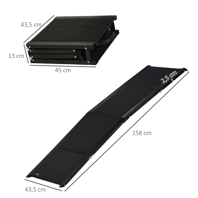 PawHut Rampa Plegable para Perros de Aluminio con Superficie Antideslizante Asa y Gancho Carga 60 kg  158x43,5x2,5 cm Negro
