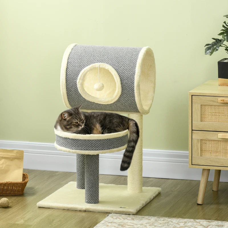 PawHut Arbre à chats avec griffoir arbre à gratter en sisal tunnel panier en peluche doux structure en bois 48L x 48l x 73H cm